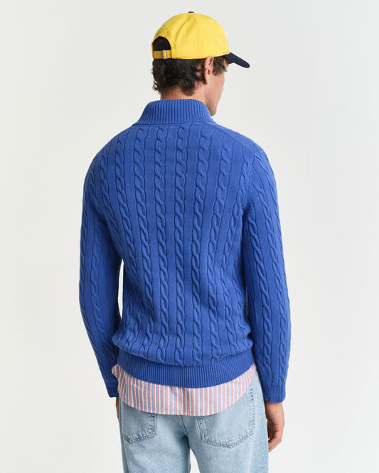 Baumwollpullover mit Zopfmuster und halbem Reißverschluss