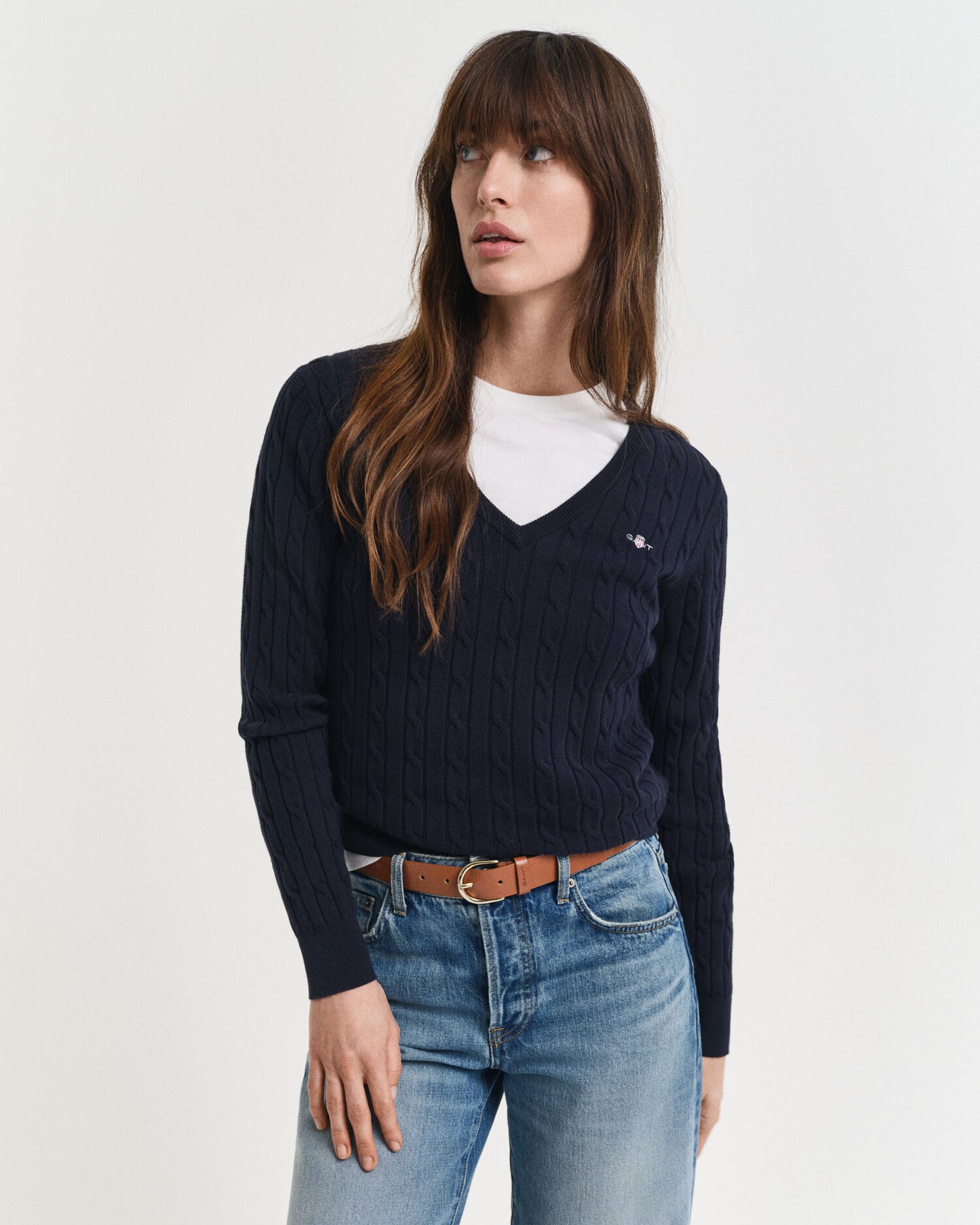 Pull en maille torsadée en coton stretch à encolure en V