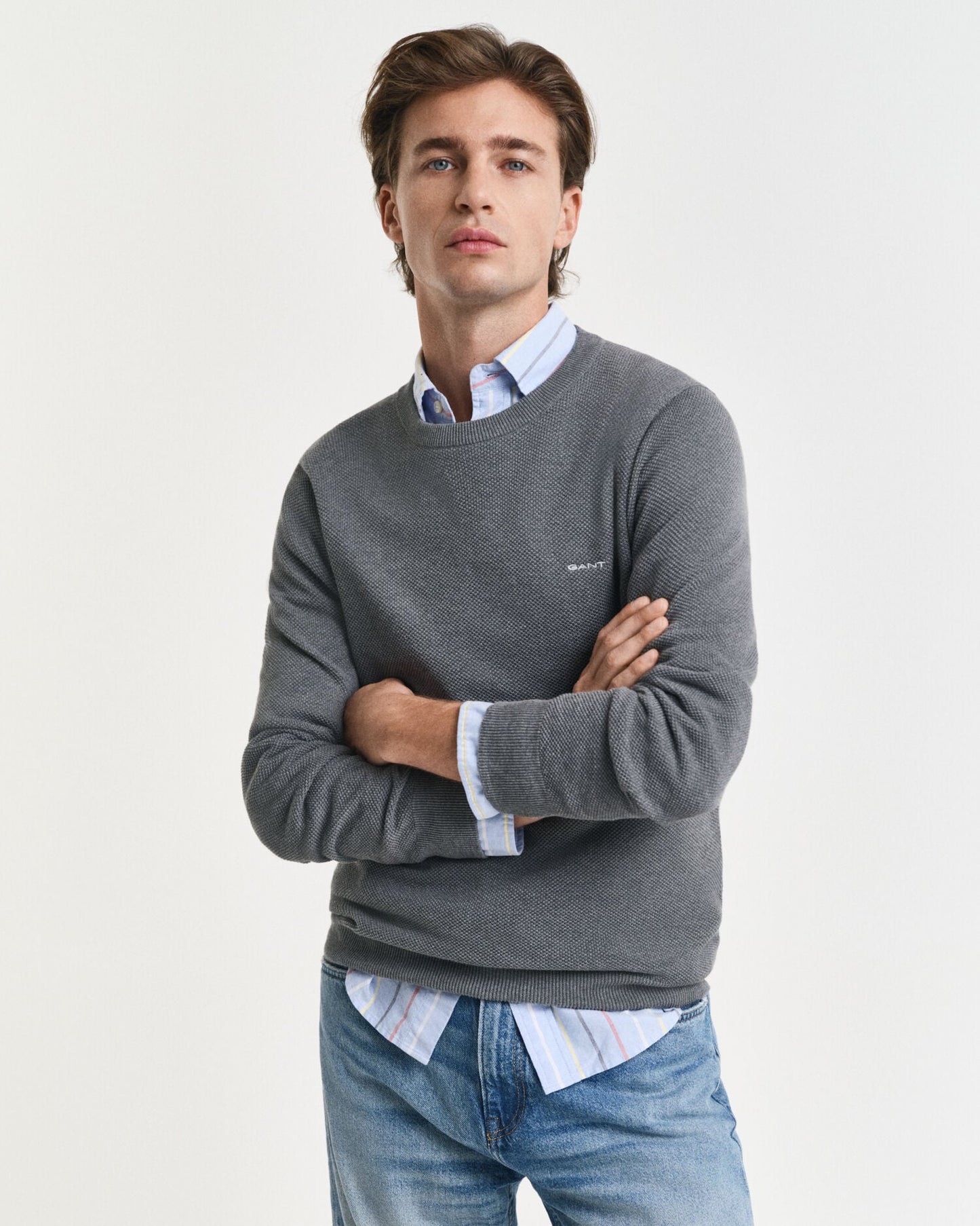 Pull en piqué de coton à col rond