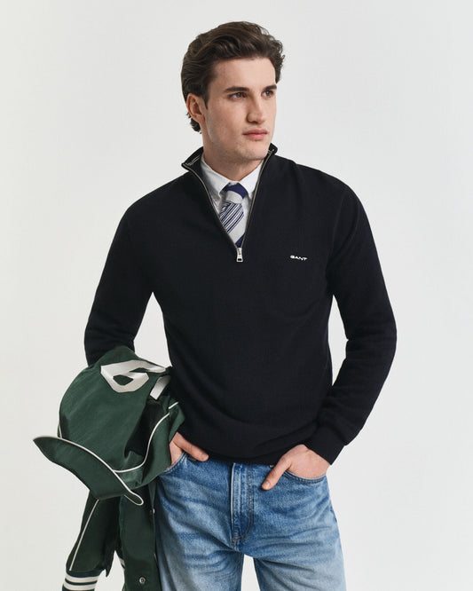 Baumwoll-Pikee-Pullover mit halbem Reißverschluss