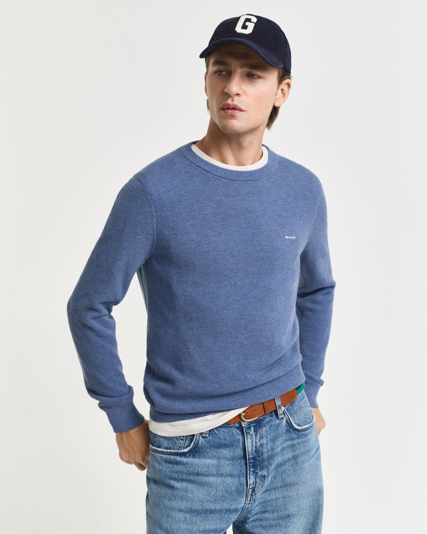 Pull en piqué de coton à col rond