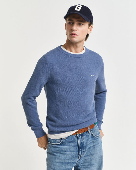 Pull en piqué de coton à col rond