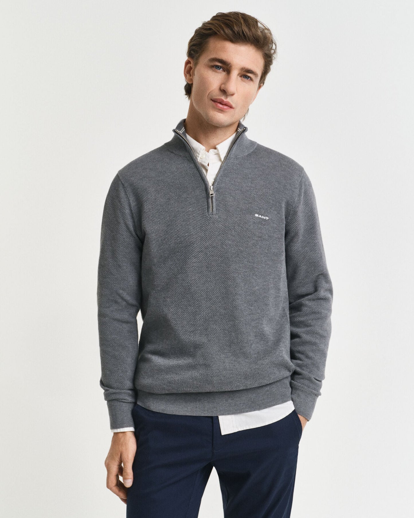 Baumwoll-Pikee-Pullover mit halbem Reißverschluss