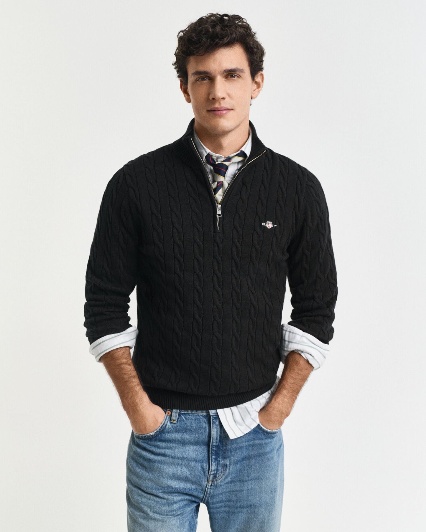 Chandail en tricot torsadé demi-zip en coton