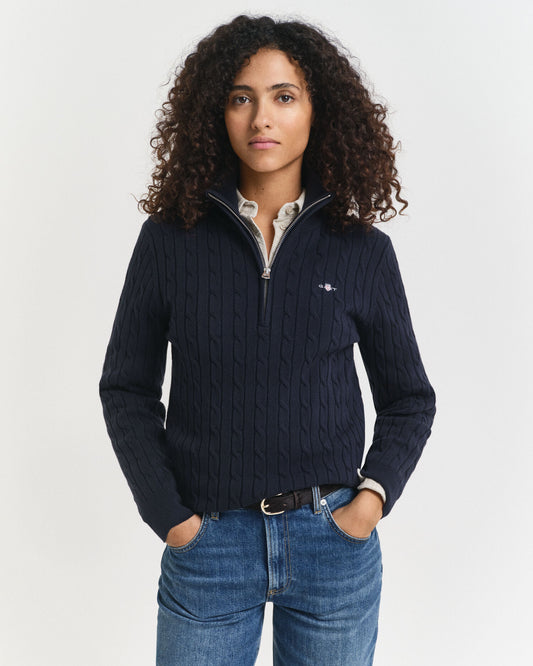 Halb-Reißverschluss-Pullover aus Stretch-Baumwolle mit Zopfmuster