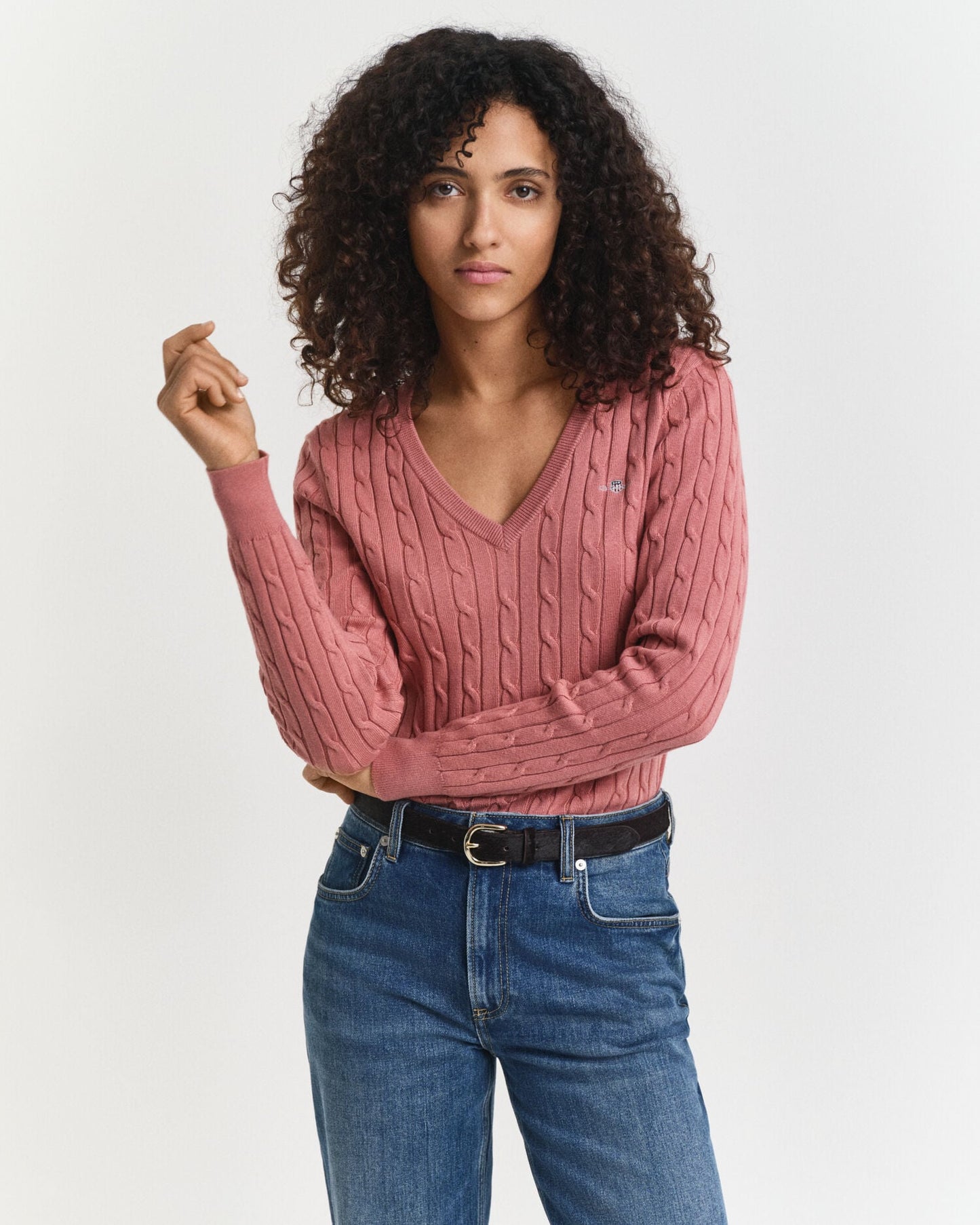 Pull Col V en Coton Extensible Tricoté Câblé