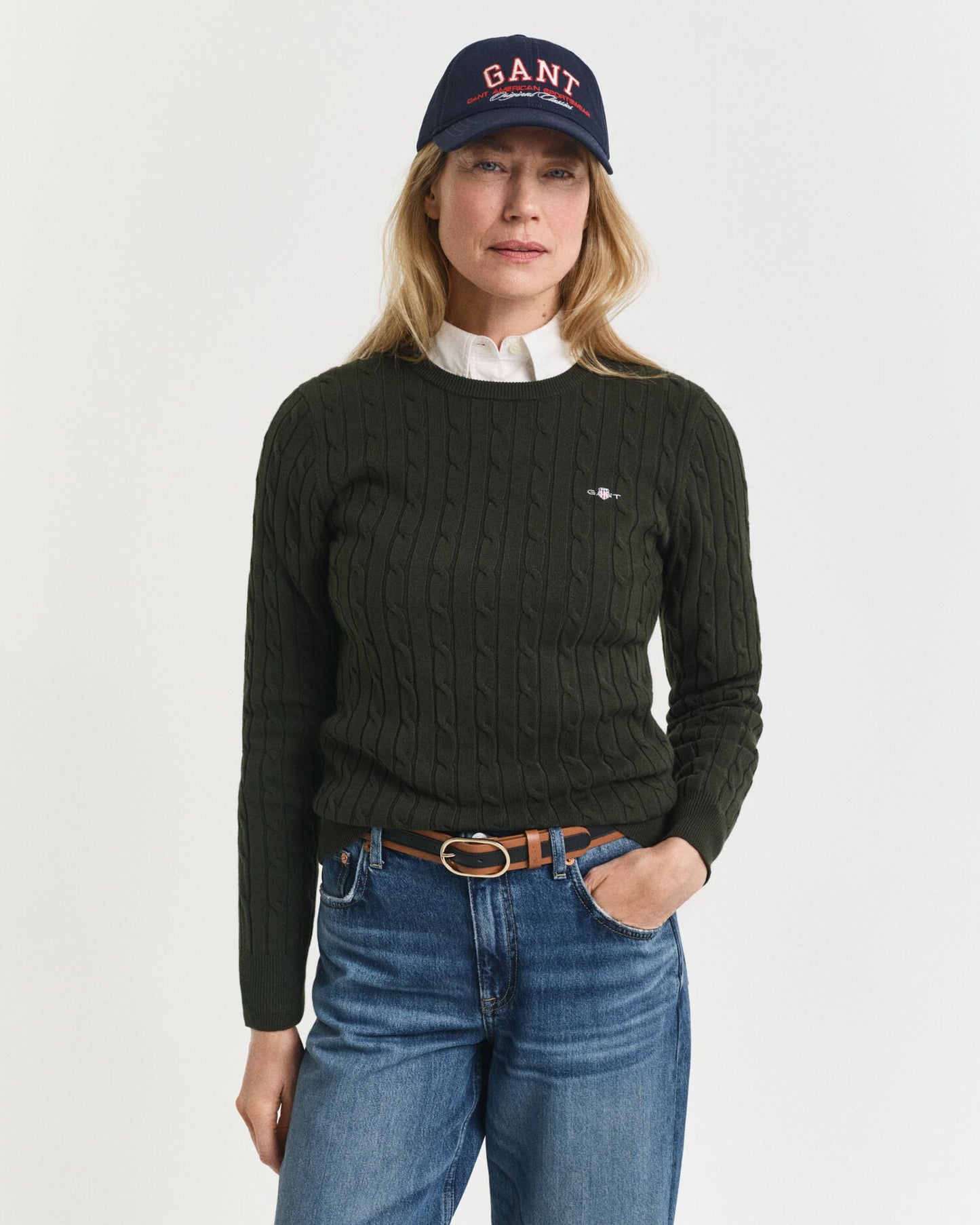 Pull ras-du-cou en maille torsadée de coton extensible