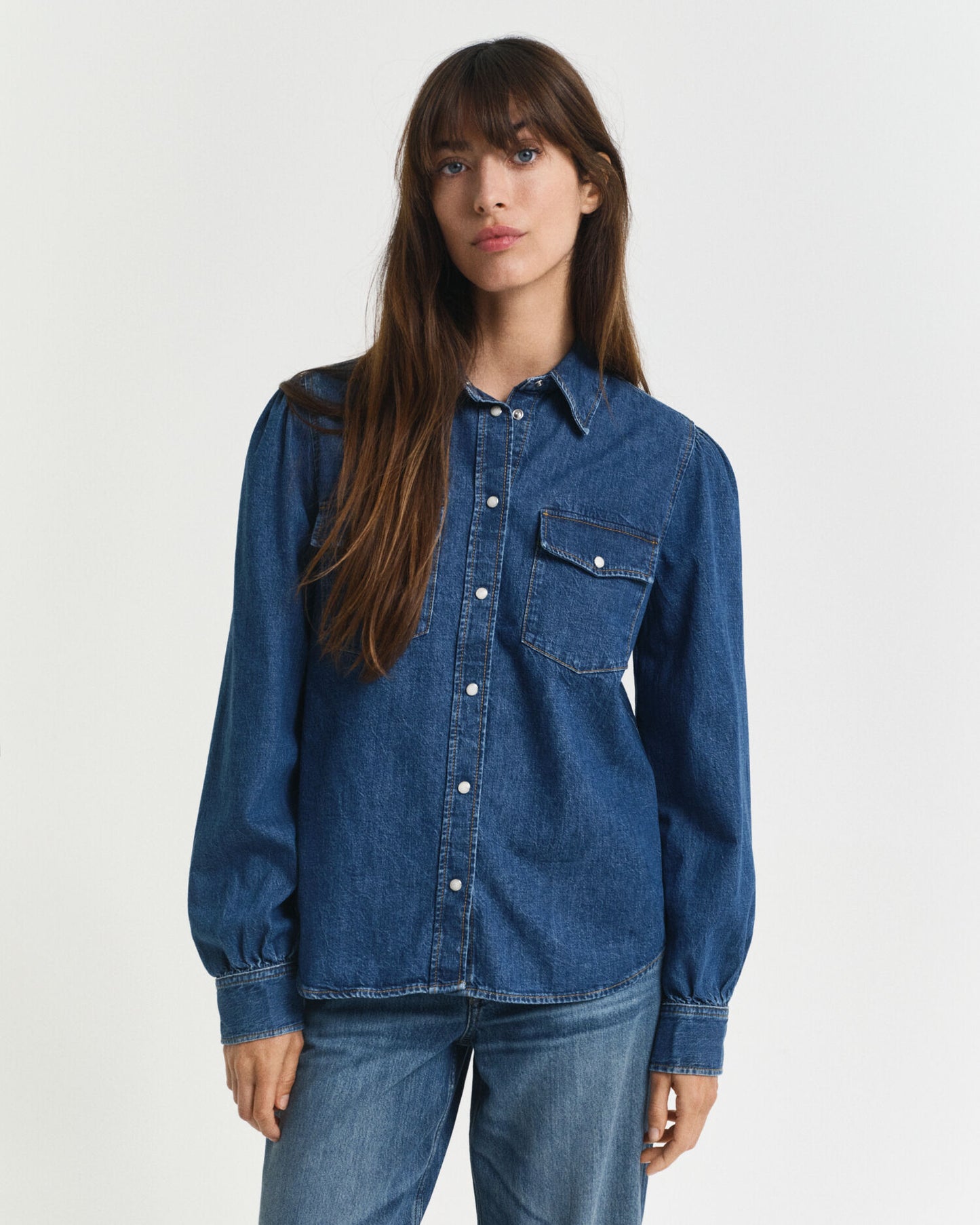 Chemise en jean à manches bouffantes coupe droite