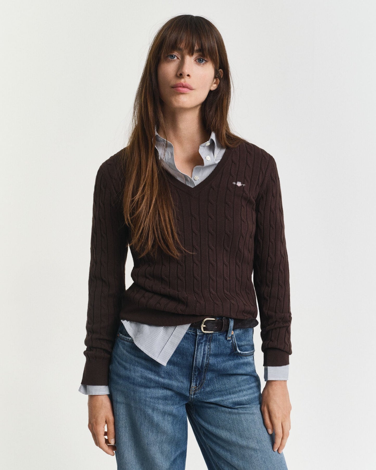 Pull Col V en Coton Extensible Tricoté Câblé