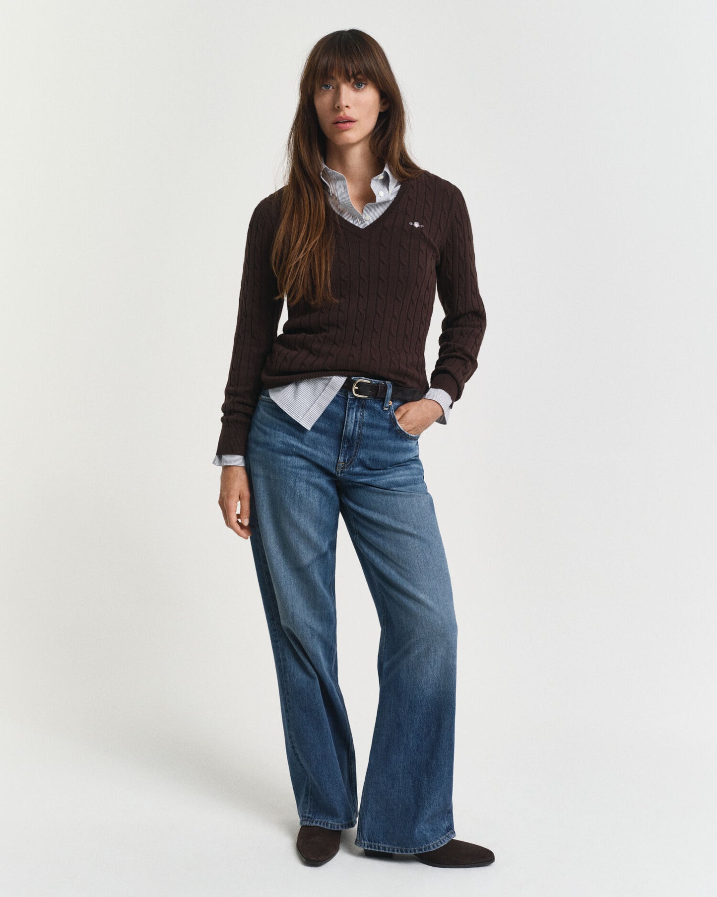 Pull en maille torsadée en coton stretch à encolure en V