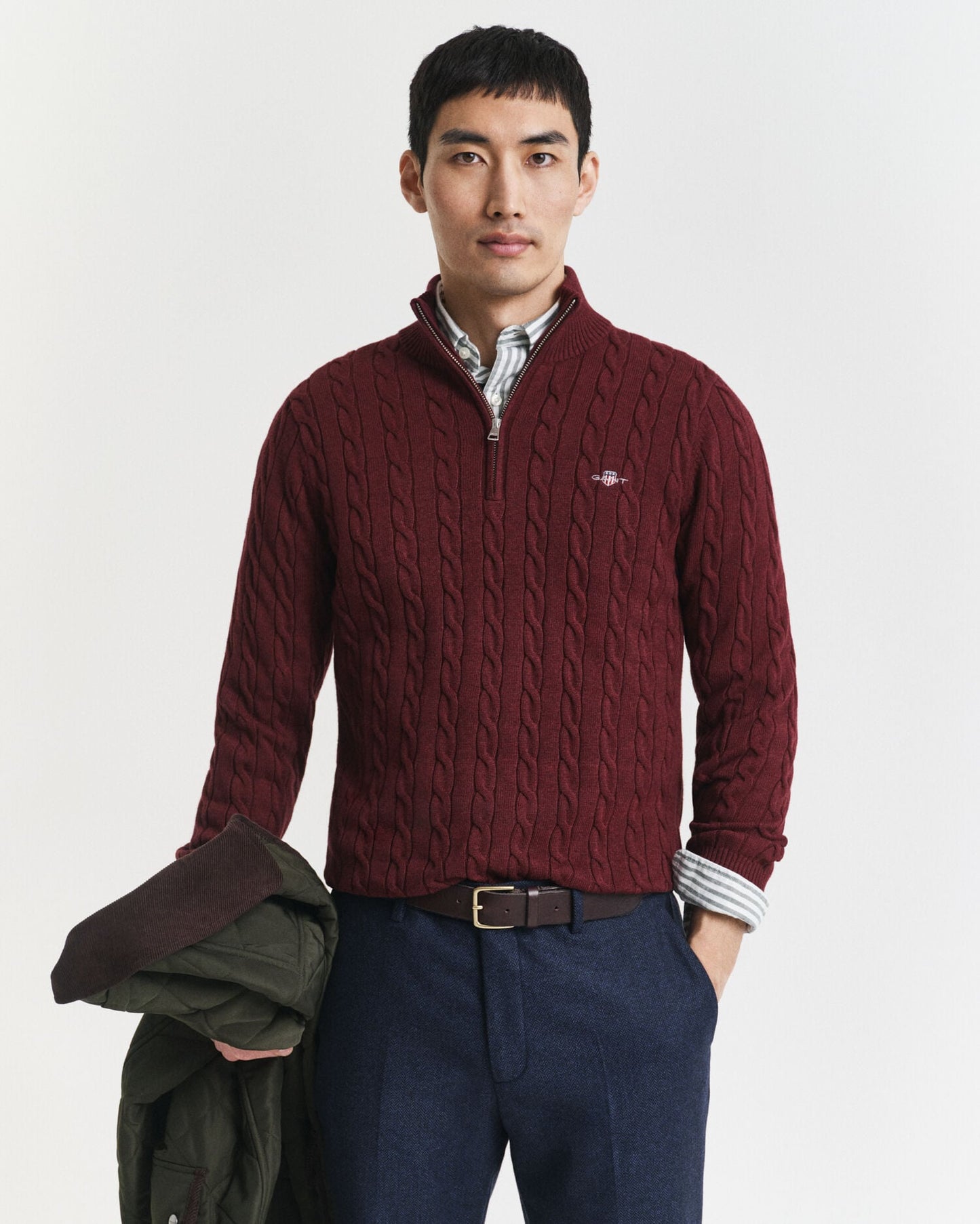 Baumwoll-Half-Zip-Pullover mit Zopfmuster