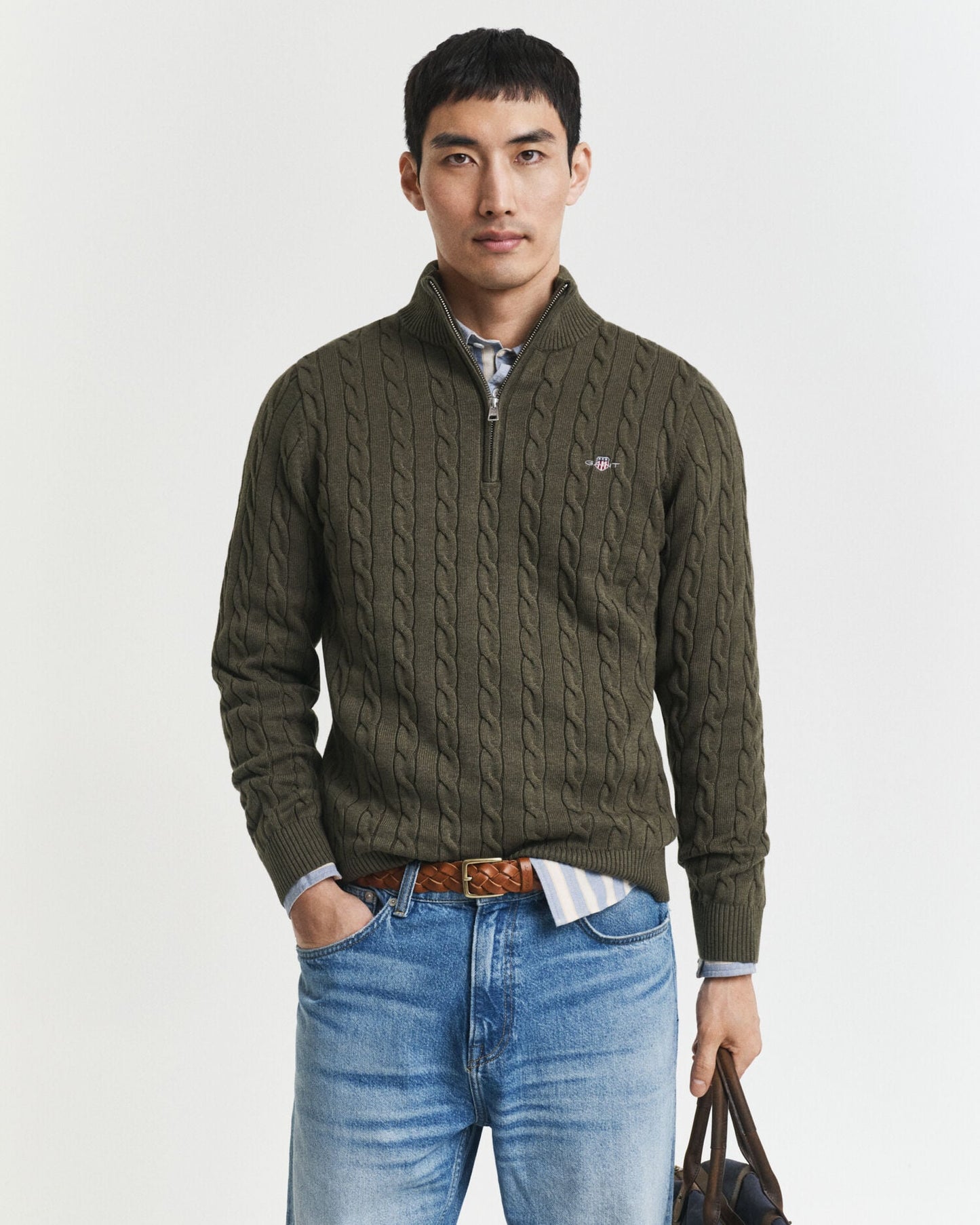 Chandail en tricot torsadé demi-zip en coton
