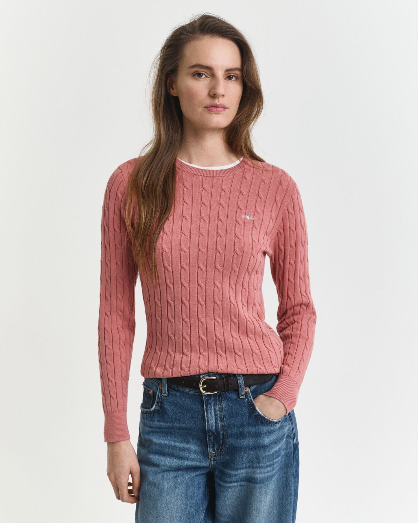 Pullover aus Baumwollstretch mit Zopfmuster am Rundhalsausschnitt