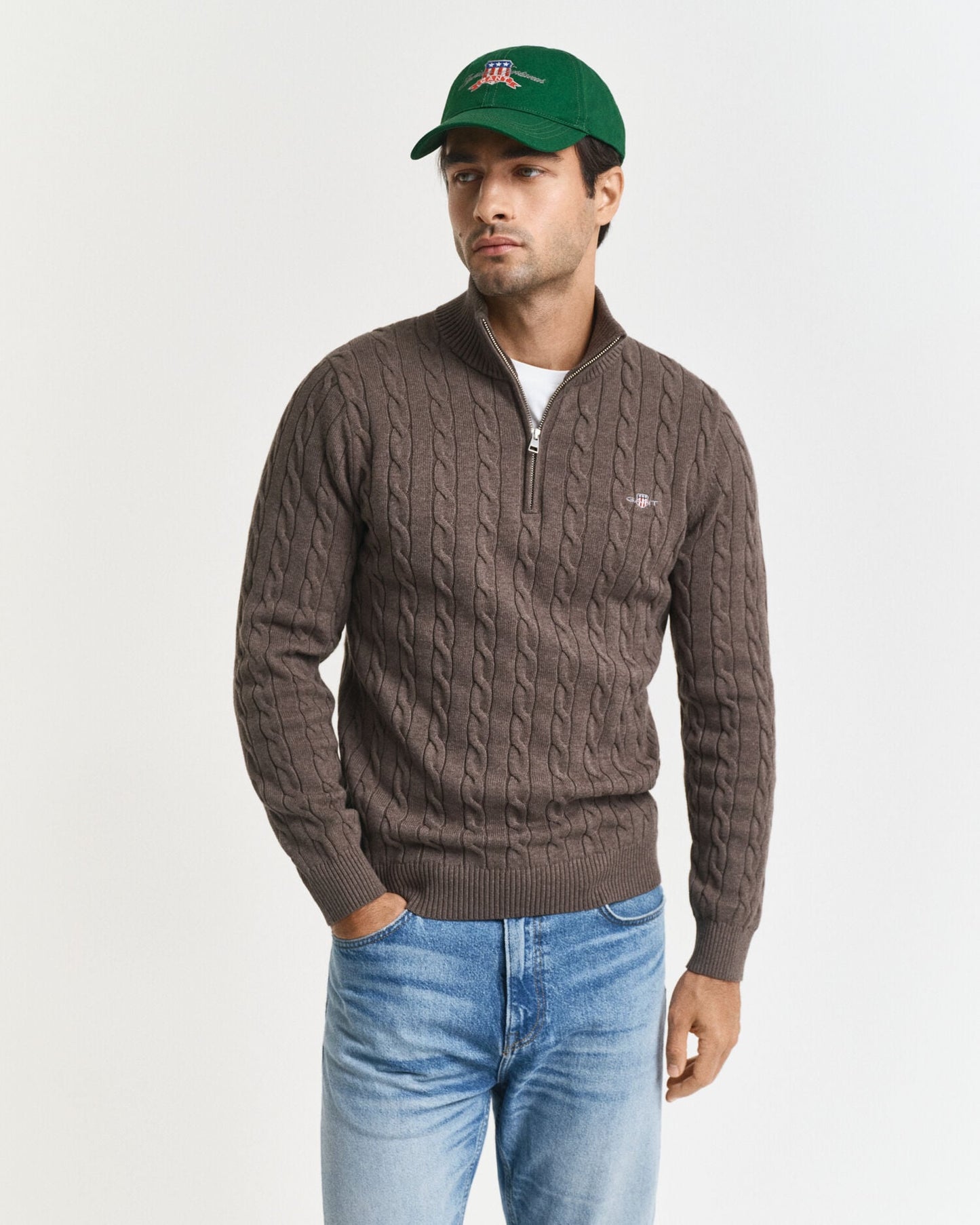 Chandail en tricot torsadé demi-zip en coton