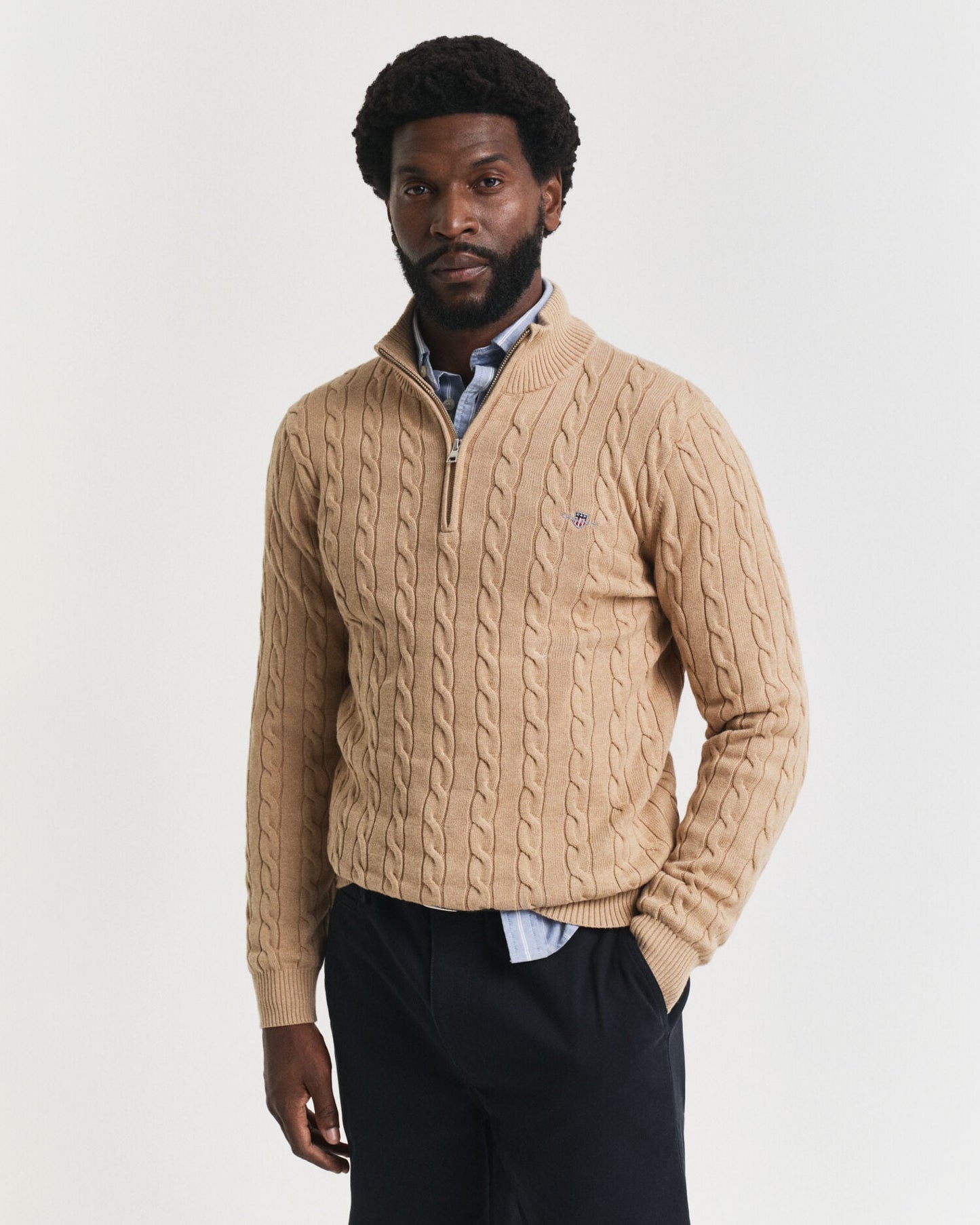 Baumwoll-Half-Zip-Pullover mit Zopfmuster