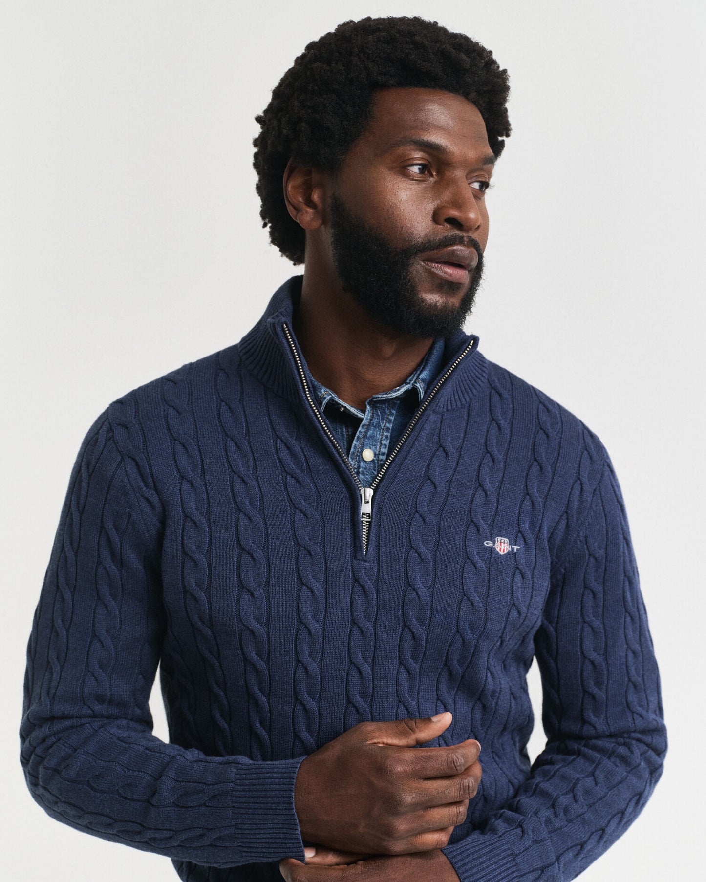 Baumwoll-Half-Zip-Pullover mit Zopfmuster