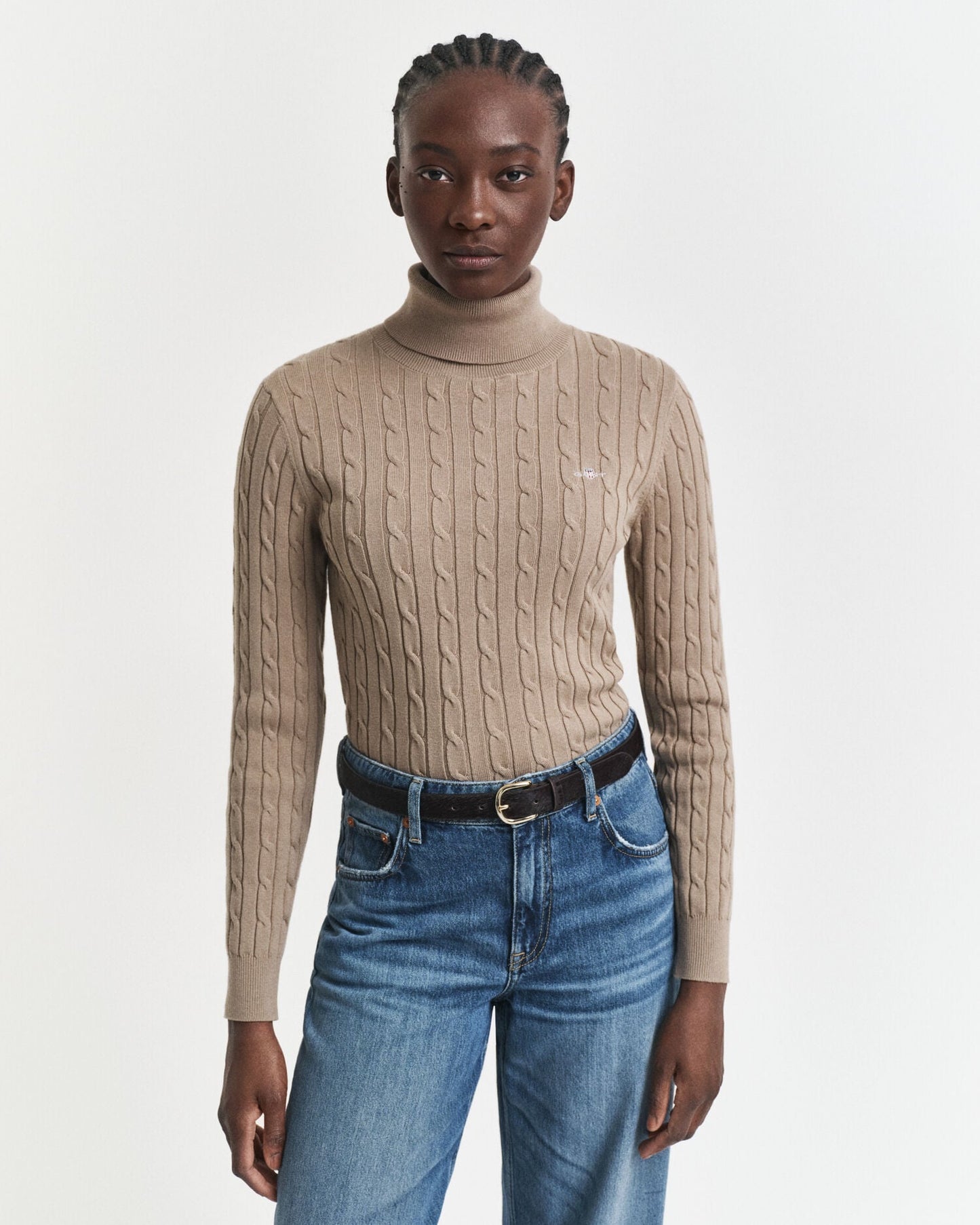 Rollkragenpullover mit Zopfmuster aus Stretch-Baumwolle
