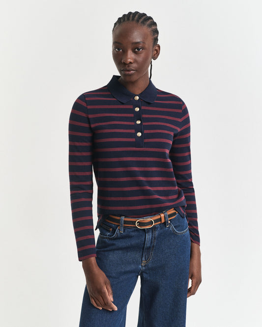Bretonischer Pique-Langarm-Polo-Shirt mit Streifen