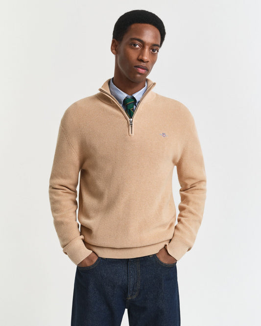 Rippstrick-Pullover aus Baumwoll-Merinowolle mit halbem Reißverschluss