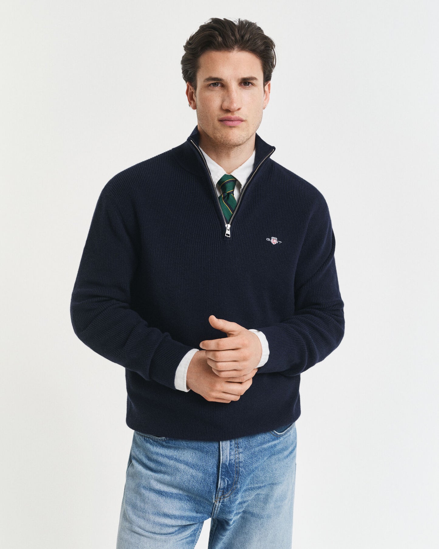Pull en coton et laine mérinos côtelé à demi-glissière