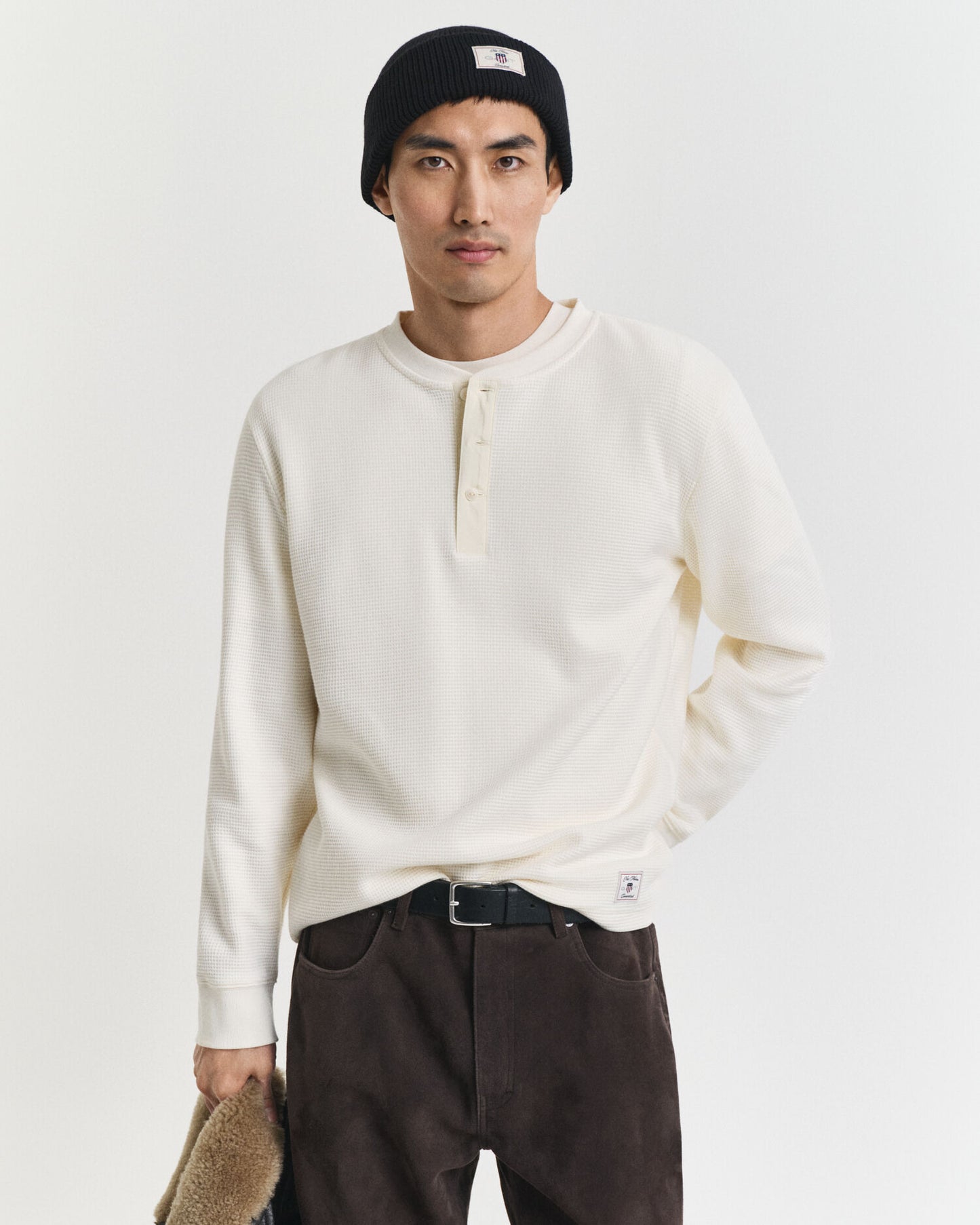 T-shirt Henley à manches longues texturé gaufré