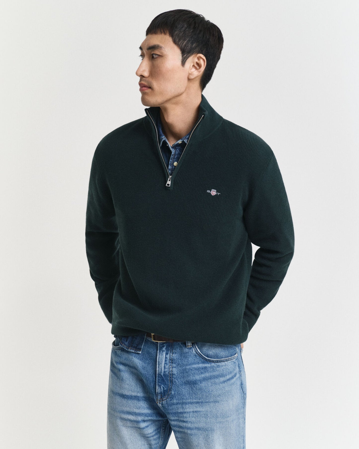 Pull en coton et laine mérinos côtelé à demi-glissière