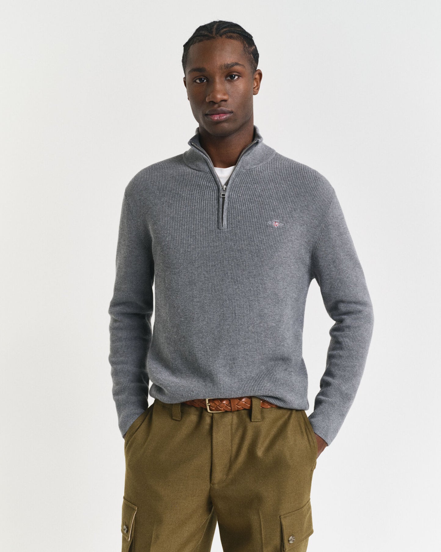 Pull en coton et laine mérinos côtelé à demi-glissière