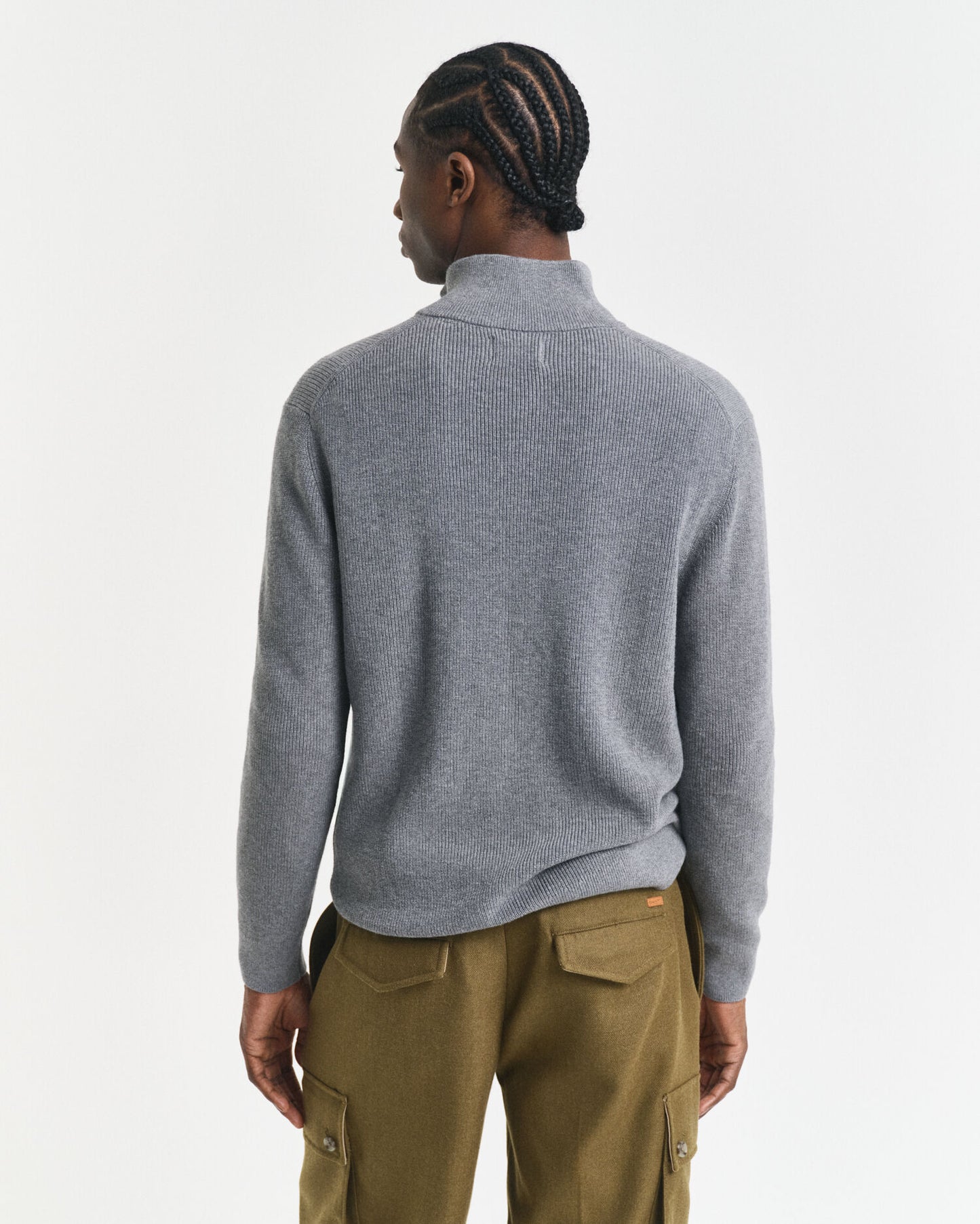 Pull en coton et laine mérinos côtelé à demi-glissière