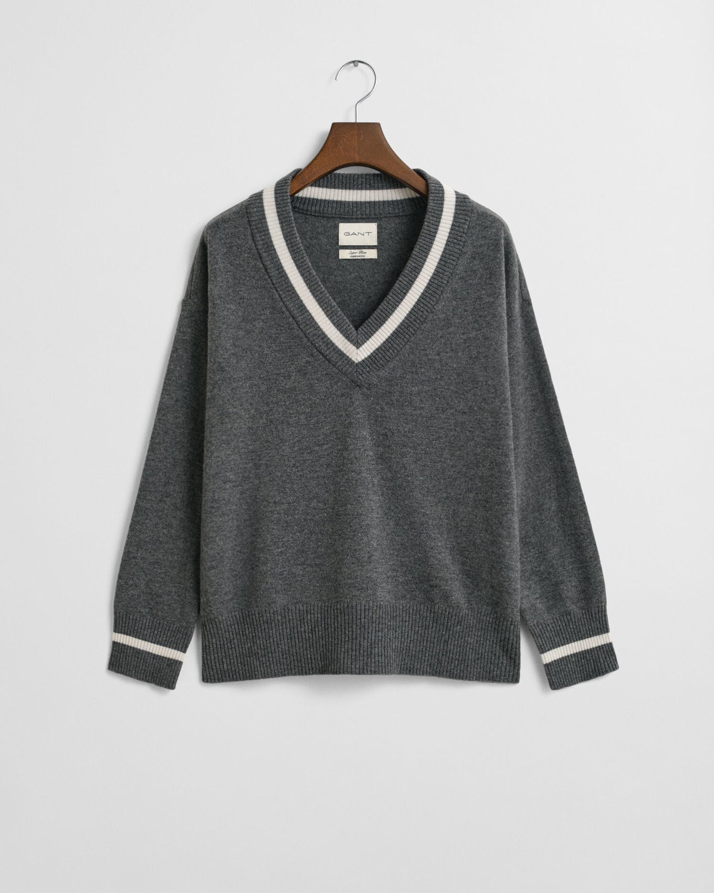 Superfeiner Lambswool V-Pullover mit Kontraststreifen